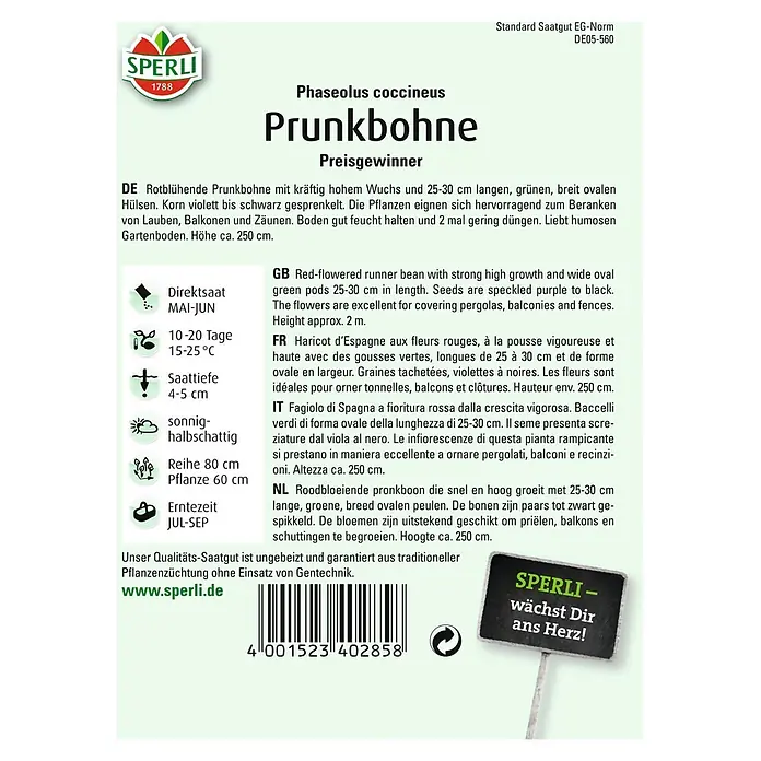 Sperli Gemüsesamen Prunkbohne - Preisgewinner, Phaseolus coccineus, Erntezeit: Juli - Abbildung der Samenpackung der Prunkbohne, einer rotblühenden Sorte mit violett bis schwarz gesprenkelten Körnern.