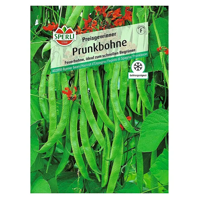 Sperli Gemüsesamen Prunkbohne - Preisgewinner, Phaseolus coccineus, Erntezeit: Juli - Abbildung einer Samenpackung für Prunkbohnen, eine Feuerbohne, ideal für schnelle Begrünung, mit dem Hinweis "Gefriergeeignet".