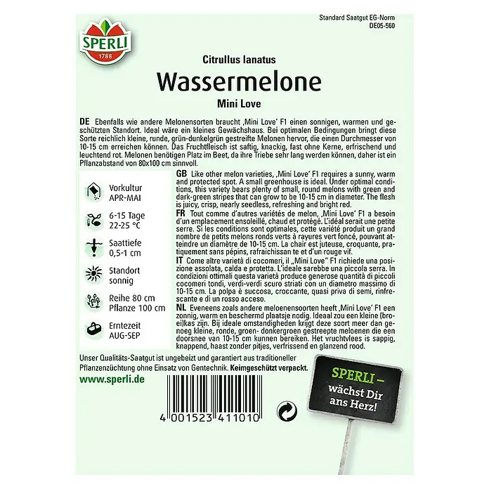 Sperli Obstsamen Wassermelone Mini Love - Citrullus lanatus, Erntezeit: August - Abbildung des Saatgut-Packungsdesign für 'Wassermelone Mini Love', eine kleinformatige, gestreifte Wassermelonensorte von Sperli.