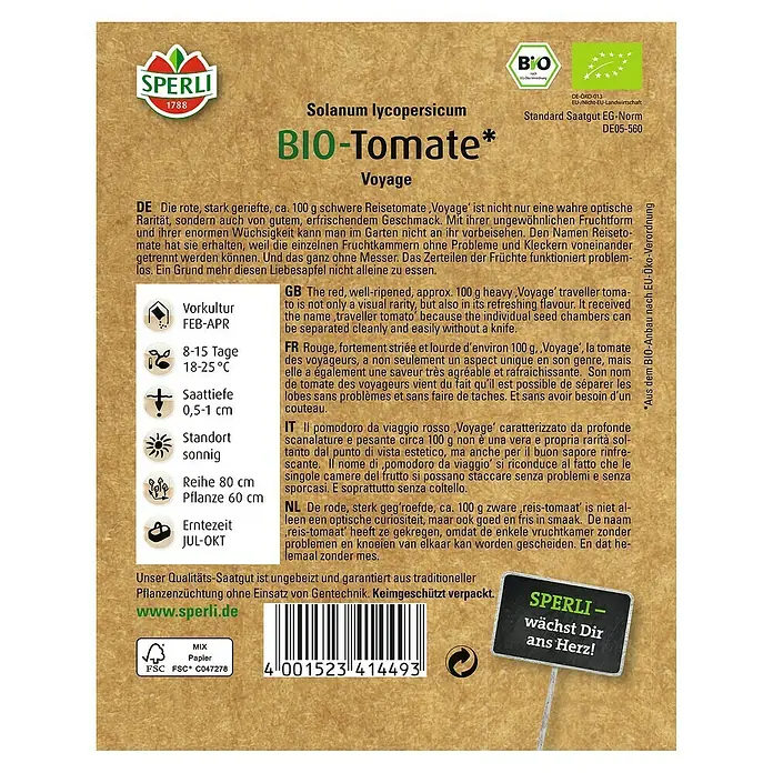 Sperli Gemüsesamen Tomate - Voyage Bio, Solanum lycopersicum, Erntezeit: Juli - Samenpackung Bio-Tomate 'Voyage' von Sperli. Eine rote, stark geriefte Tomate mit erfrischendem Geschmack, ideal für den Garten.