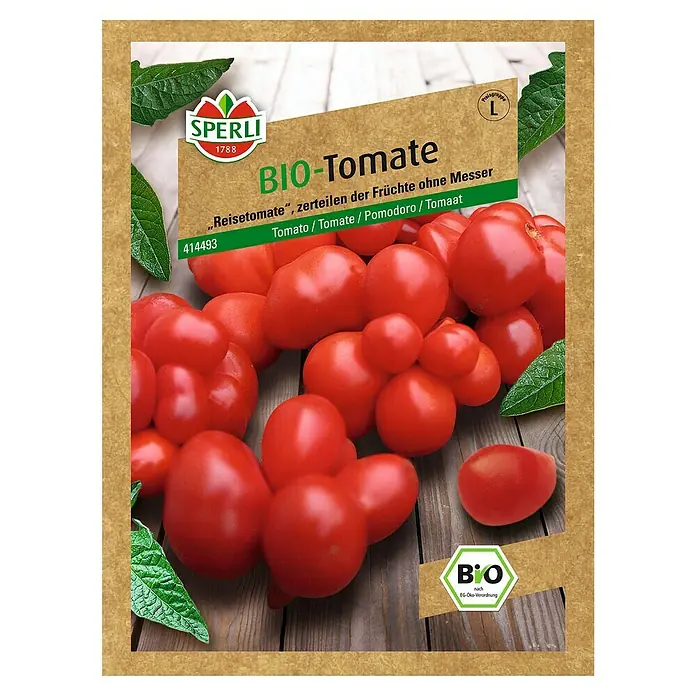 Sperli Gemüsesamen Tomate - Voyage Bio, Solanum lycopersicum, Erntezeit: Juli - Abbildung einer Saatguttüte mit Bio-Tomatensamen, Sorte Reisetomate, die sich leicht von Hand teilen lässt.