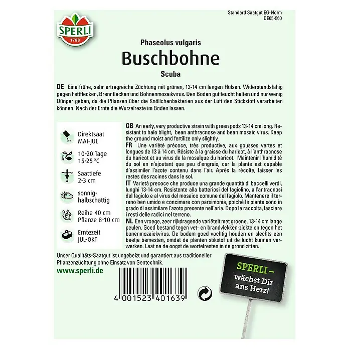 Sperli Gemüsesamen Buschbohne - Scuba, Phaseolus vulgaris var. nanus, Erntezeit: Juli - Samenpackung Buschbohne Scuba.