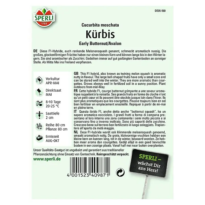 Sperli Gemüsesamen KürbisEarly Butternut, Cucurbita moschata, Erntezeit: August