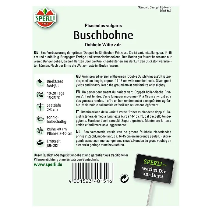 Sperli Gemüsesamen Buschbohne - Dubbele Witte, Phaseolus vulgaris var. nanus, Erntezeit: Juli - Bild von Sperli Buschbohne Dubbele Witte z.dr. Saatgutpackung mit Produktinformationen und Anweisungen.