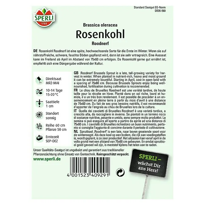 Sperli Gemüsesamen Rosenkohl - Brassica oleracea var. gemmifera, Erntezeit: September - SPERLI Rosenkohl Roodnerf Samenpackung. Winterernte, nährstoffreiche Böden für ertragreiche Pflanzen. Direktsaat von März bis Mai empfohlen.