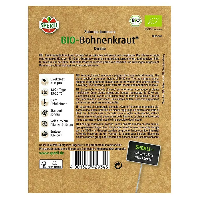 Sperli Kräutersamen Bio Bohnenkraut Cyrano - Satureja hortensis, Saatzeit: April, Erntezeit: Juni - SPERLI BIO-Bohnenkraut 'Cyrano' Saatgutpackung. Einjähriges, pikantes Würzkraut für Garten und Küche, aus kontrolliert biologischem Anbau.