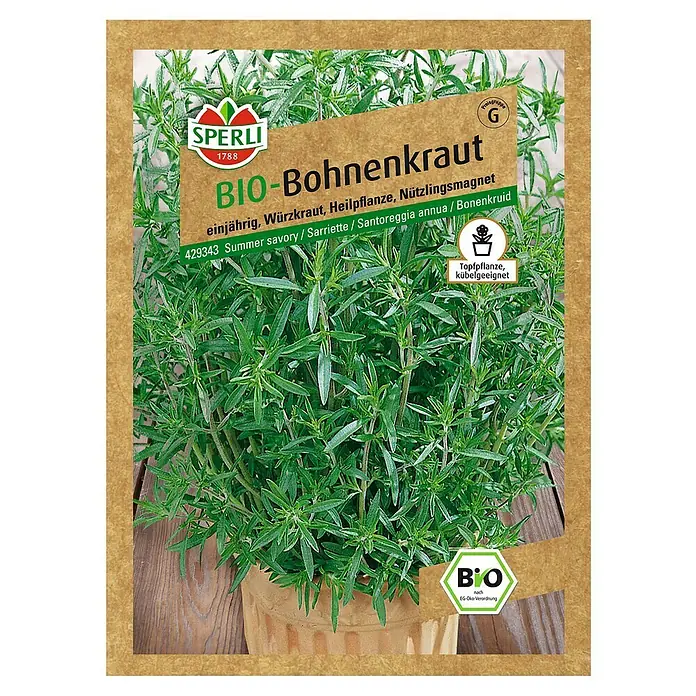 Sperli Kräutersamen Bio Bohnenkraut Cyrano - Satureja hortensis, Saatzeit: April, Erntezeit: Juni - Abbildung einer SPERLI BIO-Bohnenkraut-Packung, einjährig, Würzkraut, Heilpflanze, Nützlingsmagnet. Ideal für Topf und Kübel.
