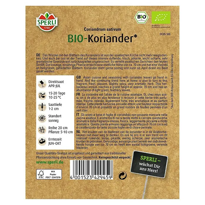 Sperli Kräutersamen Bio Koriander - Coriandrum sativum, Saatzeit: April, Erntezeit: Juni - Samenpackung für Bio-Koriander von Sperli.