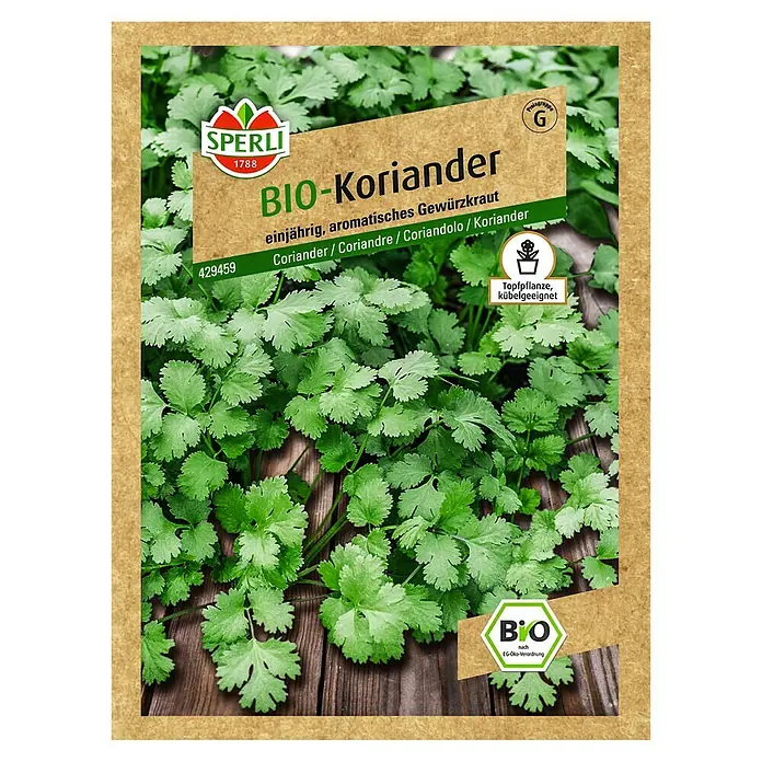 Sperli Kräutersamen Bio Koriander - Coriandrum sativum, Saatzeit: April, Erntezeit: Juni - Abbildung einer Samenpackung Bio-Koriander von Sperli, ideal für den Anbau aromatischer Kräuter im eigenen Garten oder auf dem Balkon.