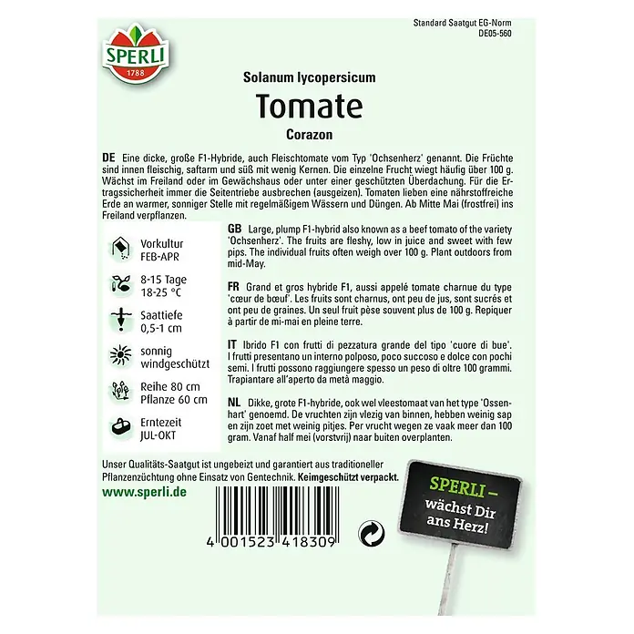 Sperli Gemüsesamen Tomate - Corazon, Solanum lycopersicum, Erntezeit: Juli - Samenpackung für 'Corazon' Tomaten.
