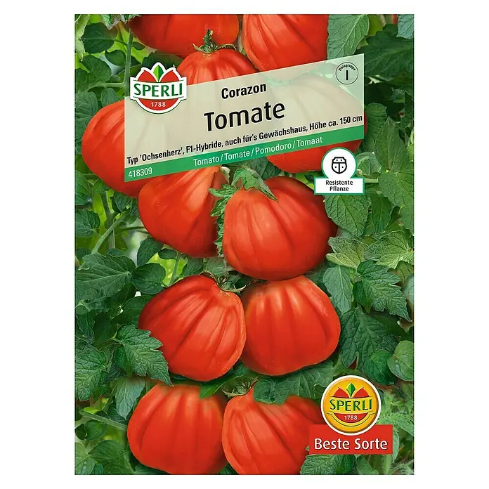 Sperli Gemüsesamen Tomate - Corazon, Solanum lycopersicum, Erntezeit: Juli - Abbildung der Samenpackung 'Corazon Tomate' von Sperli, einer Ochsenherz-Tomatensorte, ideal für Gewächshäuser.
