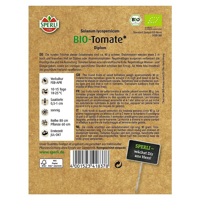 Sperli Gemüsesamen Tomate - Diplom, Solanum lycopersicum, Erntezeit: Juli - SPERLI Bio-Tomatensamen "Diplom".