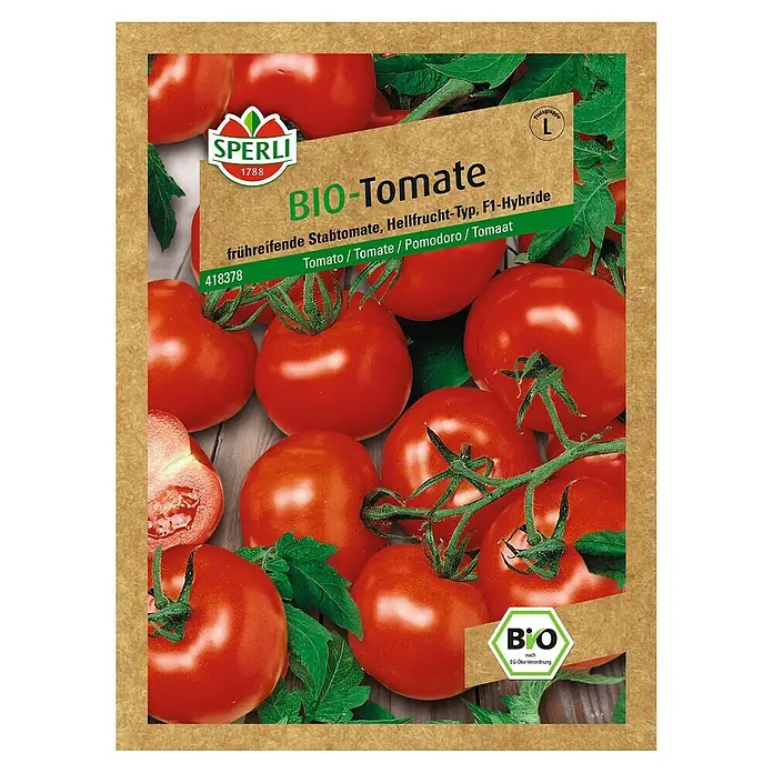 Sperli Gemüsesamen Tomate - Diplom, Solanum lycopersicum, Erntezeit: Juli - BIO-Tomatensamen der Marke Sperli. Die Packung zeigt reife, rote Tomaten, die frisch und saftig aussehen. Ideal für den eigenen Anbau!