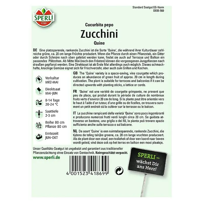 Sperli Gemüsesamen Zucchini - Quine, Cucurbita pepo, Erntezeit: Juni - Samenpackung für Zucchini 'Quine', eine platzsparende Sorte für reiche Ernte auf kleinem Raum. Ideal für Balkon und Terrasse!