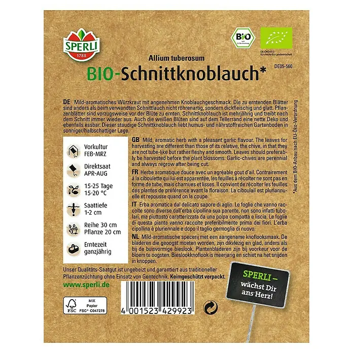Sperli Kräutersamen Bio Schnittknoblauch - Allium tuberosum, Saatzeit: April, Erntezeit: Ganzjährig - Bild einer Samenpackung für BIO-Schnittknoblauch von Sperli, DE-ÖKO-013, EU-/Nicht-EU-Landwirtschaft, DE05-560.