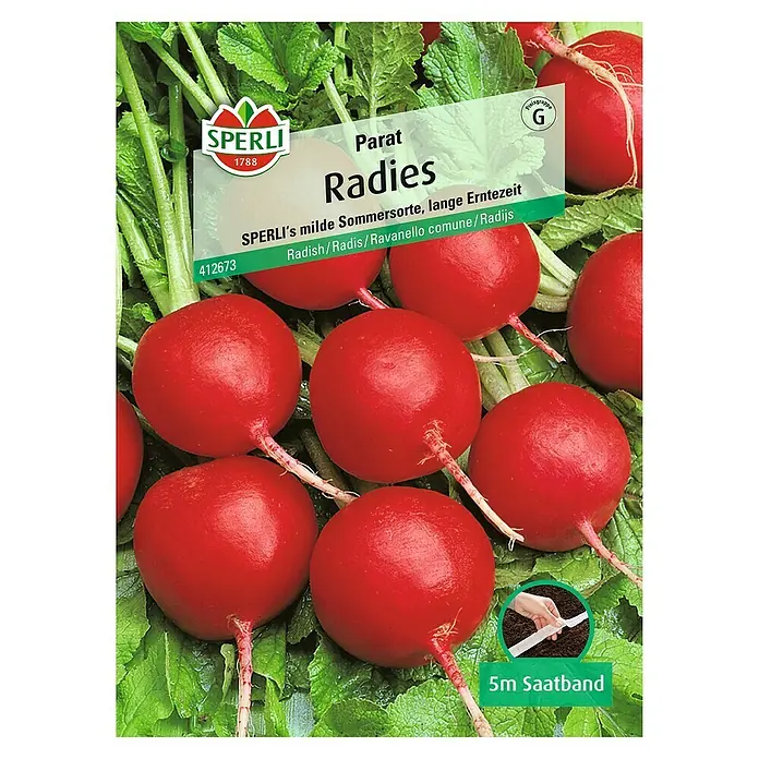 Sperli Gemüsesamen Radies - Parat - Saatband, Raphanus sativus, Erntezeit: Mai - SPERLI Radieschen "Parat" Saatband: Eine milde Sommersorte für lange Erntezeiten, ideal für den Anbau im Garten.