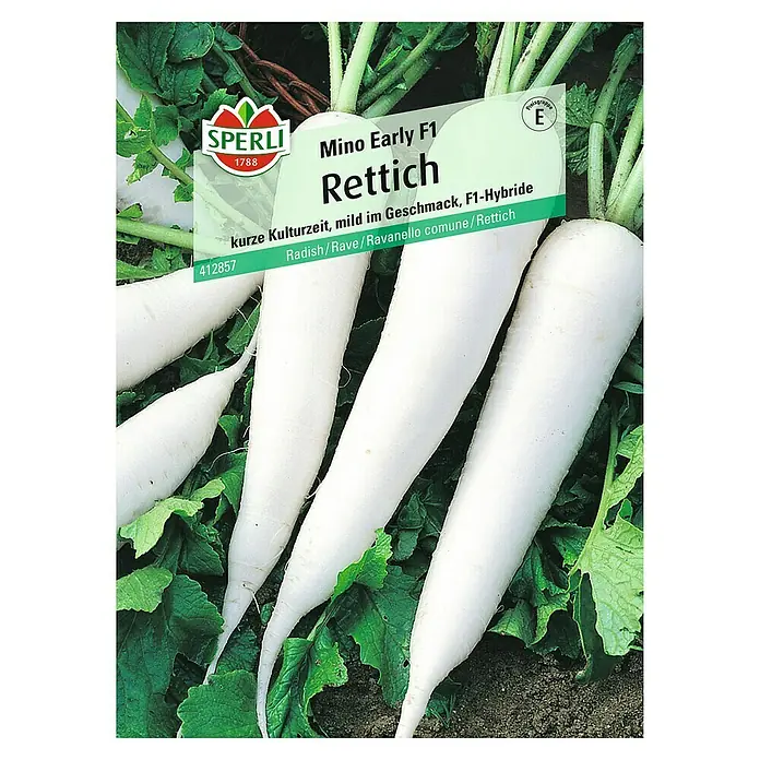 Sperli Gemüsesamen Rettich - Mino Early, Raphanus sativus, Erntezeit: Juli - Samenpackung Rettich "Mino Early F1" von Sperli. Das Bild zeigt längliche, weiße Rettiche mit grünen Blättern.