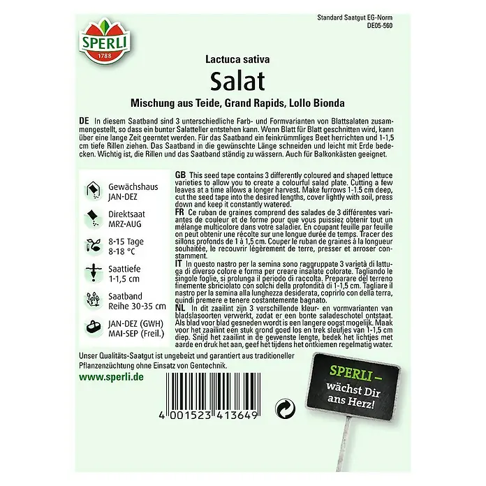 Sperli Salatsamen Pflücksalat - Sortiment Grand Rapi, Lactuca sativa, Erntezeit: Ganzjährig - Abbildung der Saatband-Packung Salat von Sperli, einer Mischung aus Teide, Grand Rapids und Lollo Bionda für den eigenen Garten.