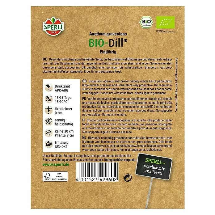 Sperli Kräutersamen Dill - Bio Goldkrone, Anethum graveolens, Saatzeit: April, Erntezeit: Juni - SPERLI Bio-Dill-Samenpackung. Einjährige Sorte für aromatischen Dillgenuss aus eigenem Anbau.