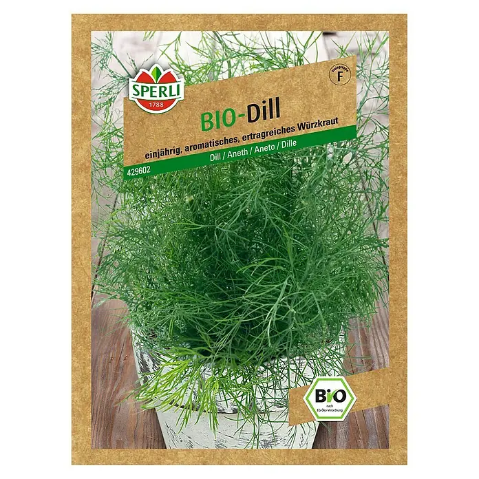 Sperli Kräutersamen DillBio Goldkrone, Anethum graveolens, Saatzeit: April, Erntezeit: Juni - Abbildung einer Samentüte für Bio-Dill der Marke Sperli. Die Packung zeigt frischen Dill und Produktinformationen.