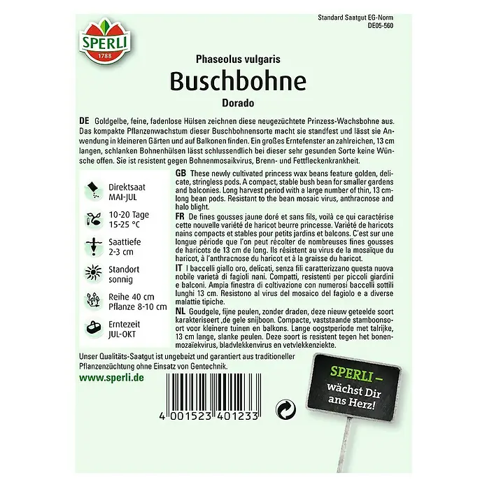 Sperli Gemüsesamen Buschbohne - Dorado, Phaseolus vulgaris var. nanus, Erntezeit: Juli - Bild einer 'Buschbohne Dorado' Samenpackung von Sperli, die goldgelbe, fadenlose Hülsen verspricht und ideal für Garten und Balkon ist.
