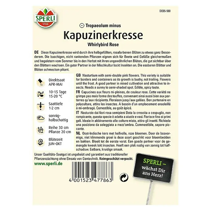 Sperli Kräutersamen Kapuzinerkresse - Whirlybird, Tropaeolum minus, Saatzeit: April - SPERLI Kapuzinerkresse Whirlybird Rose Saatgutpackung. Zarte, halbgefüllte Blüten für Beete und Gefäße.