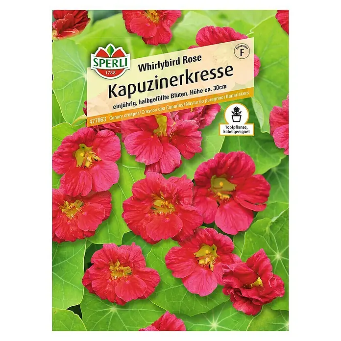 Sperli Kräutersamen Kapuzinerkresse - Whirlybird, Tropaeolum minus, Saatzeit: April - Bild einer Samenpackung Kapuzinerkresse 'Whirlybird Rose' von Sperli, ideal für Kübel. Die Pflanze blüht üppig und ist einjährig.