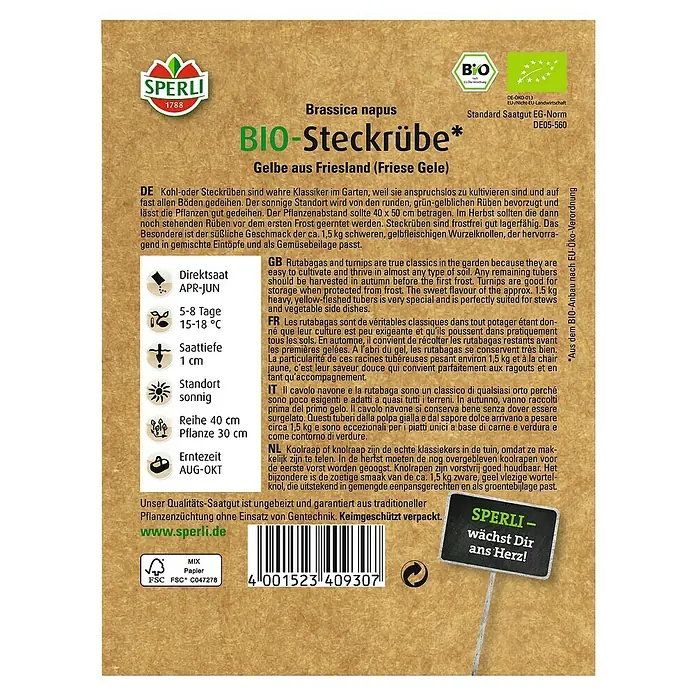 Sperli Saatgut Bio Steckrübe - 6 g, Brassica napus ssp. rapifera - SPERLI BIO-Steckrüben-Samenpackung mit Informationen zu Aussaat, Standort und Erntezeit.