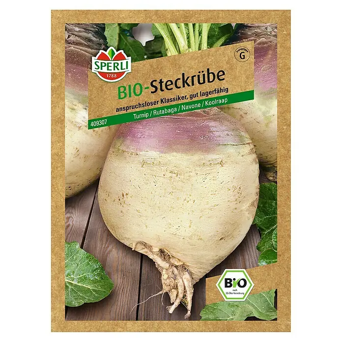Sperli Saatgut Bio Steckrübe - 6 g, Brassica napus ssp. rapifera - Samenpackung für Bio-Steckrüben der Marke Sperli. Anspruchsloser Klassiker, gut lagerfähig und ideal für den Anbau im eigenen Garten.