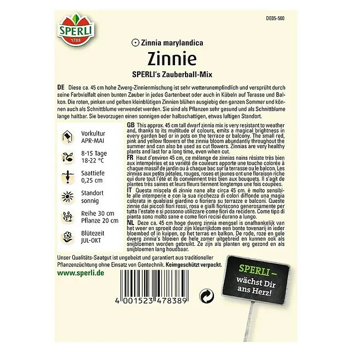 Sperli Blumensamen Zinnie Zauberball - Zinnia elegans, Mehrfarbig - Abbildung der "Zinnie Zauberball-Mix" Samenpackung von Sperli, ideal für farbenfrohe Gärten und Balkone.