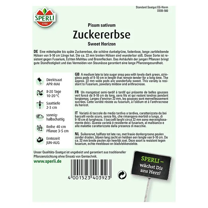 Sperli Gemüsesamen Zuckererbse - Pisum sativum, Erntezeit: Juni - Abbildung einer Samenpackung „Zuckererbse Sweet Horizon“ von Sperli, einer mittelfrühen bis späten Sorte mit süßen, zarten Hülsen.