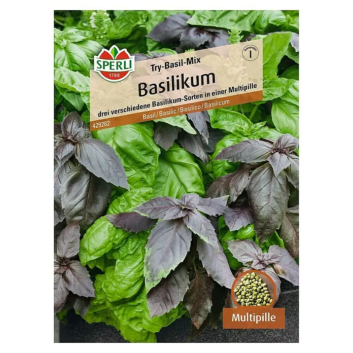 Sperli Kräutersamen Basilikum - Try-Basil-Mix, Ocimum basilicum, Saatzeit: April, Erntezeit: Juni - Bild einer Samenpackung "Try-Basil-Mix Basilikum" von Sperli. Die Packung enthält Samen für drei verschiedene Basilikumsorten in einer Multipille.