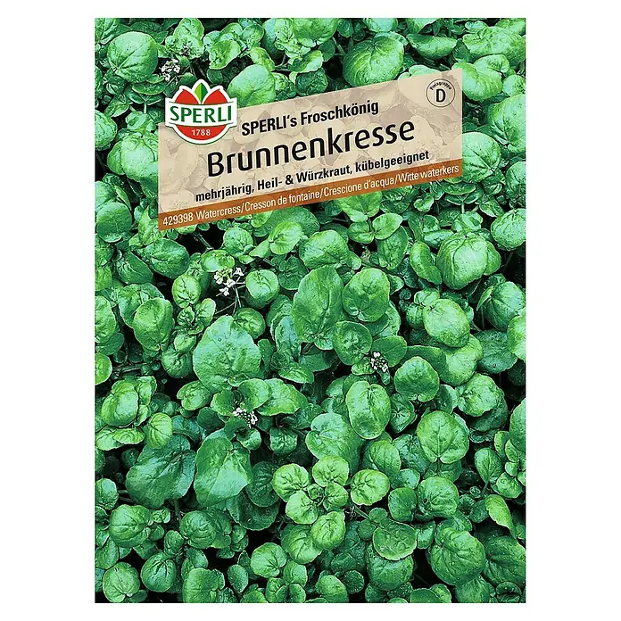 Sperli Kräutersamen Brunnenkresse Sperli's Froschkönig - Nasturtium officinale, Saatzeit: März, Erntezeit: Mai - Eine Packung Brunnenkresse-Samen der Marke Sperli's Froschkönig, ideal für den Anbau von mehrjährigem, würzigem Küchenkraut.