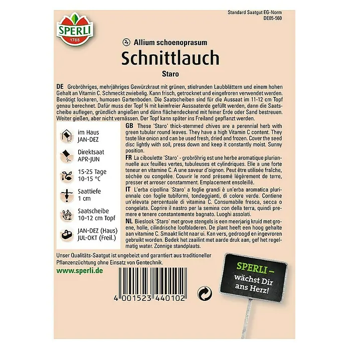 Sperli Kräutersamen Schnittlauch - Staro, Allium schoenoprasum, Saatzeit: April, Erntezeit: Ganzjährig - Abbildung des Saatguts 'Schnittlauch Staro' von Sperli, ideal für den Anbau von aromatischen Kräutern mit Zwiebelgeschmack.