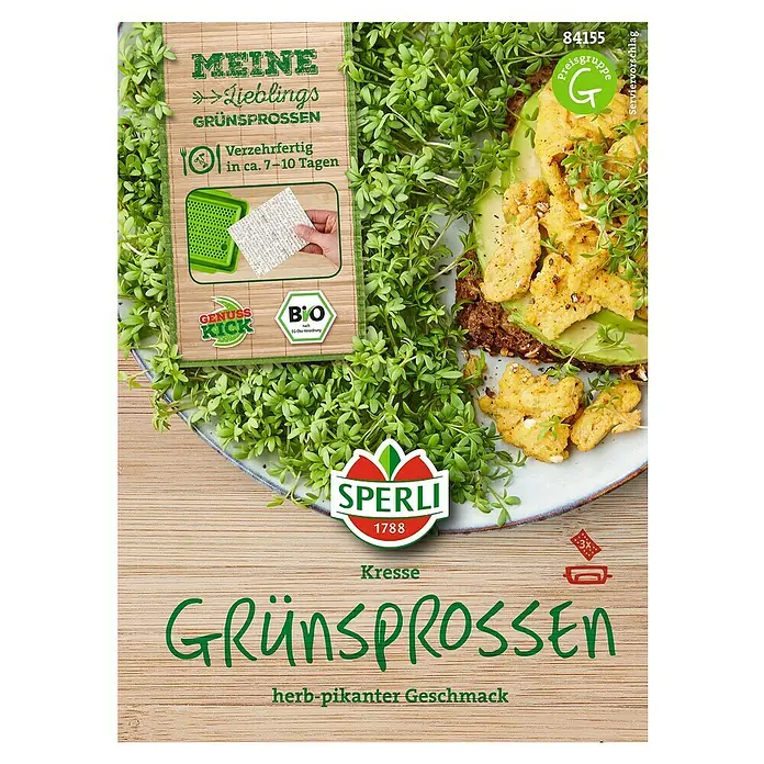 Sperli Saatgut Nachfüllpads - Bio-Kresse - Produktbild von Sperli Kresse Grünsprossen mit dem Hinweis auf den herb-pikanten Geschmack und Bio-Qualität, ideal für eine schnelle, gesunde Küche.