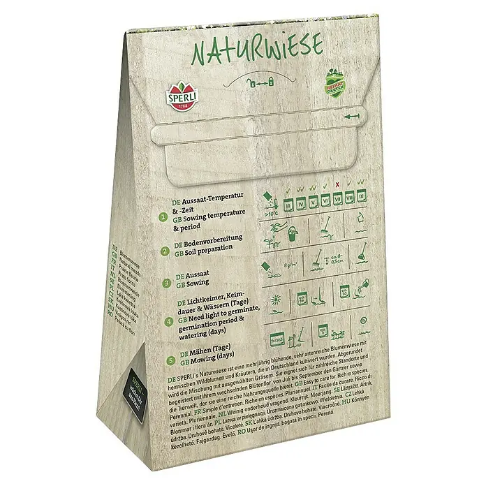 Wildblumensamen Naturwiese - 30 m² - SPERLI's Naturwiese-Samenpackung mit Anweisungen zu Aussaatzeit, Bodenvorbereitung, Lichtbedarf und Mähhinweisen.