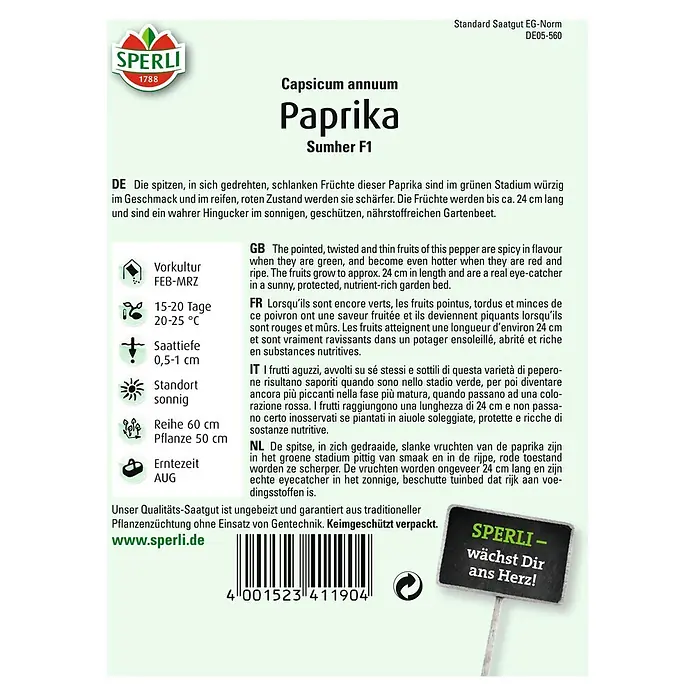 Sperli Gemüsesamen Paprika - Sumher, Capsicum annuum, Erntezeit: August - Das Bild zeigt die Samenkapsel der Paprika "Sumher F1" von Sperli, ein Produkt für den Gartenanbau.