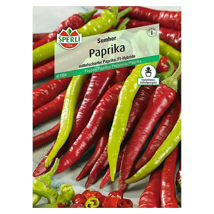 Sperli Gemüsesamen Paprika - Sumher, Capsicum annuum, Erntezeit: August - Abbildung einer Samenpackung "Sumher Paprika" von Sperli mit roten und grünen Paprika.