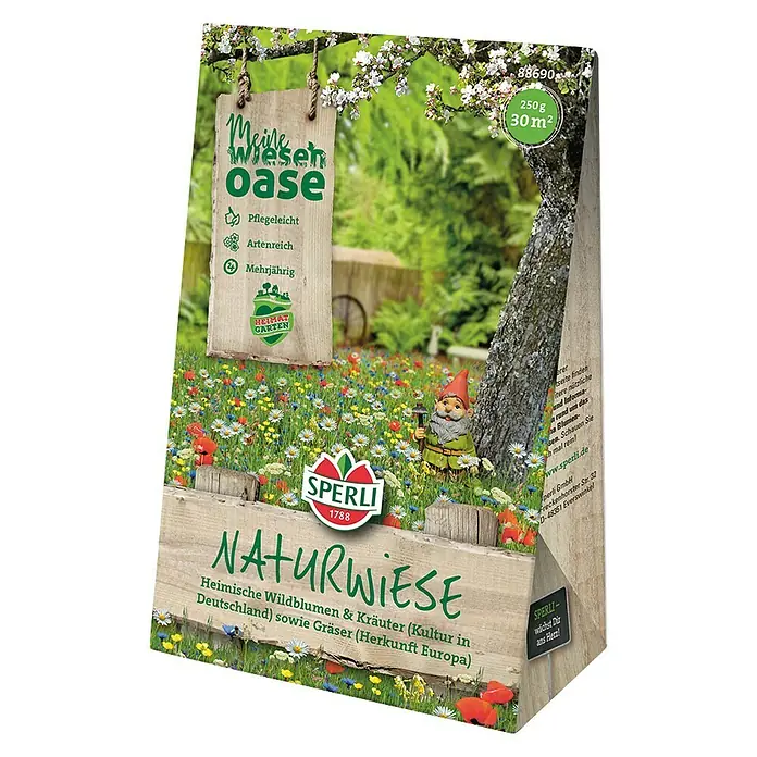 Wildblumensamen Naturwiese - 30 m² - Bild einer Packung Naturwiese-Wildblumensamen von Sperli, ideal für eine bunte, pflegeleichte und mehrjährige Blumenwiese im Garten.