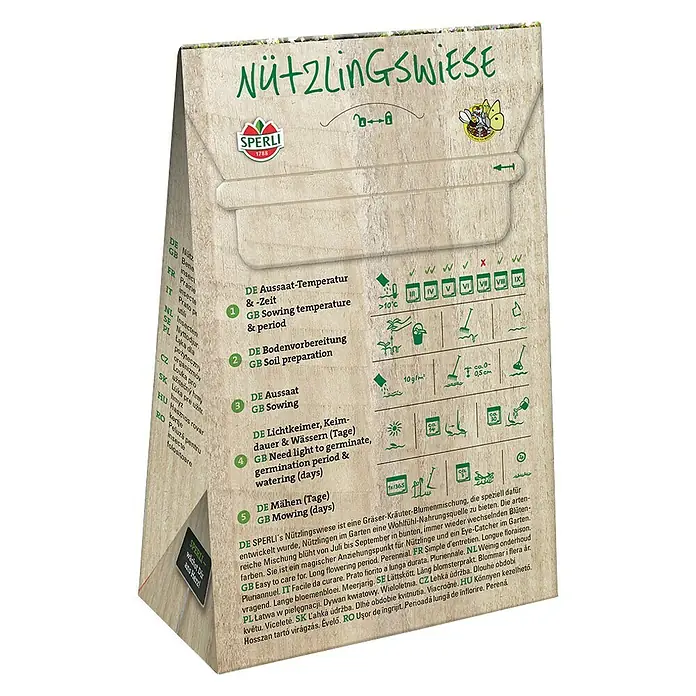 Wildblumensamen Nützlingswiese - 25 m² - Nützlingswiese Saatgutpackung von Sperli mit Anweisungen zu Aussaatzeitpunkt, Bodenvorbereitung, Aussaat, Lichtbedarf und Mähhinweisen.