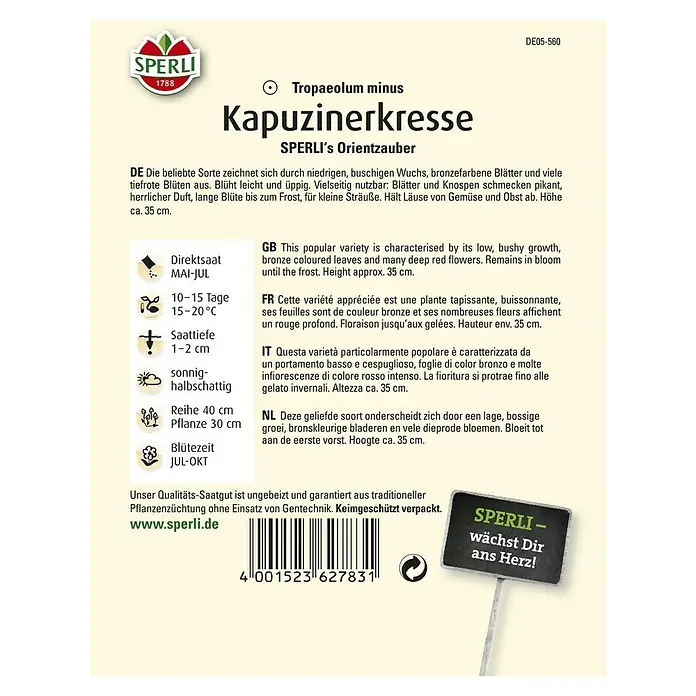 Sperli Kräutersamen Kapuzinerkresse - Tropaeolum minus, Saatzeit: Mai - Bild der Kapuzinerkresse 'Sperli's Orientzauber' Samenpackung.