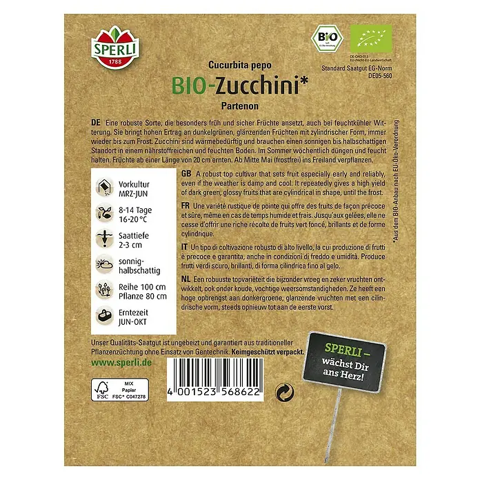Sperli Gemüsesamen Zucchini - Bio, Erntezeit: Juni - Samenpackung für Bio-Zucchini 'Partenon', eine robuste Sorte für frühzeitige, glänzende, dunkelgrüne Zucchini.