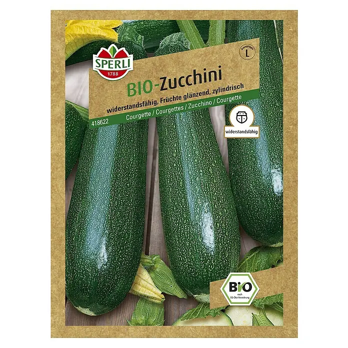 Sperli Gemüsesamen Zucchini - Bio, Erntezeit: Juni - Samenpackung Bio-Zucchini, widerstandsfähige Sorte mit glänzenden, zylindrischen Früchten für den ökologischen Anbau.