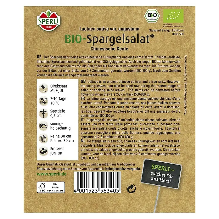 Sperli Salatsamen Bio Salat 'Chinesische Keule' - Lactuca sativa, Erntezeit: Juni - Samenpackung für Bio-Spargelsalat, eine alte chinesische Kulturpflanze, mit Anbauhinweisen.