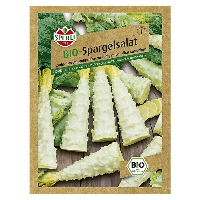 Sperli Salatsamen Bio Salat 'Chinesische Keule' - Lactuca sativa, Erntezeit: Juni - SPERLI Bio-Spargelsalat Samenpackung. Exotisches Stängelgemüse, vielseitig verwendbar und samenfest für den Anbau im eigenen Garten.