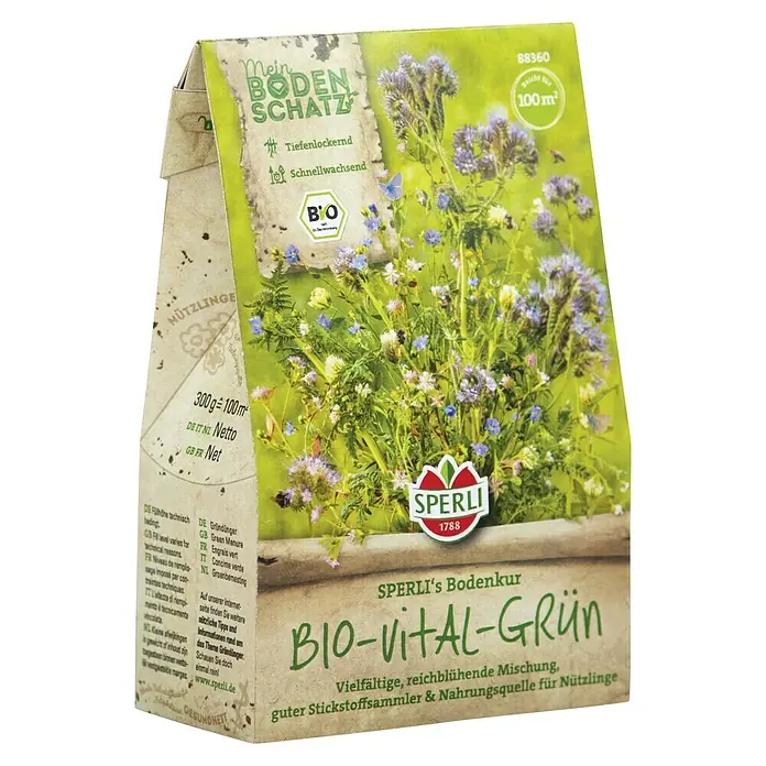 Gründüngung - Verschiedene Sorten, 100 m² - Samenpackung Sperli's Bodenkur Bio-Vital-Grün, eine vielfältige, reichblühende Mischung zur Bodenverbesserung und als Nahrungsquelle für Nützlinge.