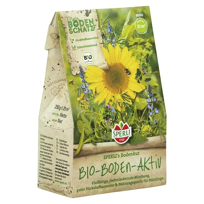 Gründüngung - Verschiedene Sorten, 25 m² - Samenpackung SPERLI's Bodenkur BIO-BODEN-Aktiv. Vielfältige Mischung zur Bodenverbesserung und Nährstoffversorgung für Nützlinge.