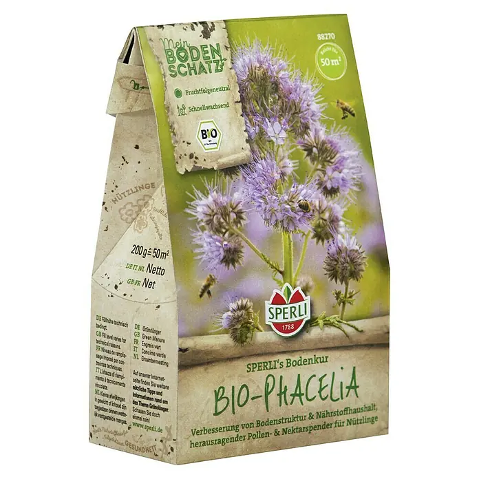 Gründüngung BIO-Phacelia - Phacelia tanacetifolia, 50 m² - Samenpackung Sperli's Bio-Phacelia Bodenkur zur Verbesserung der Bodenstruktur und als Nektarspender für Nützlinge.
