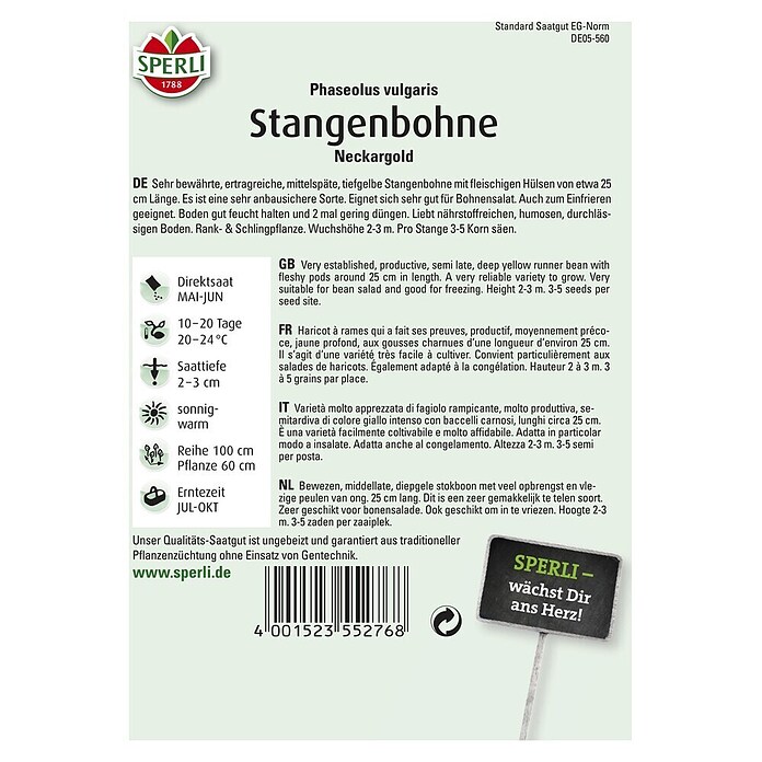 Sperli Gemüsesamen Stangenbohne (Neckargold, Erntezeit: Juli) | BAUHAUS