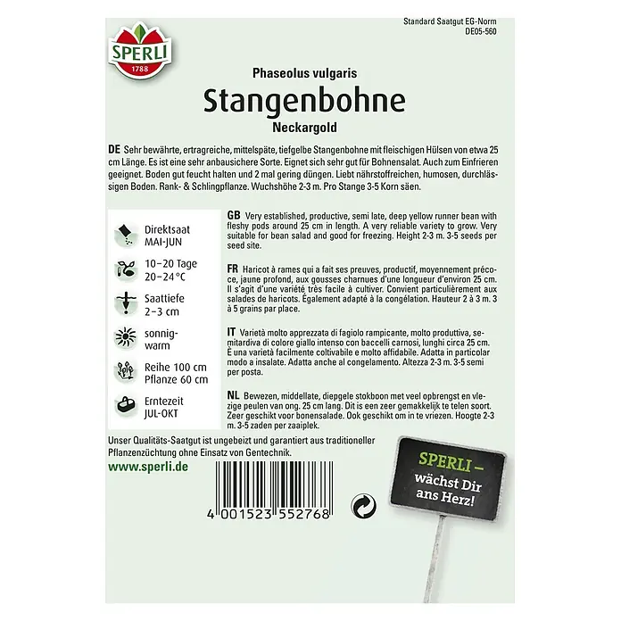 Sperli Gemüsesamen Stangenbohne - Neckargold, Erntezeit: Juli - Bild einer Samenpackung von 'Neckargold' Stangenbohnen, einer ertragreichen Sorte für den Anbau im Garten.